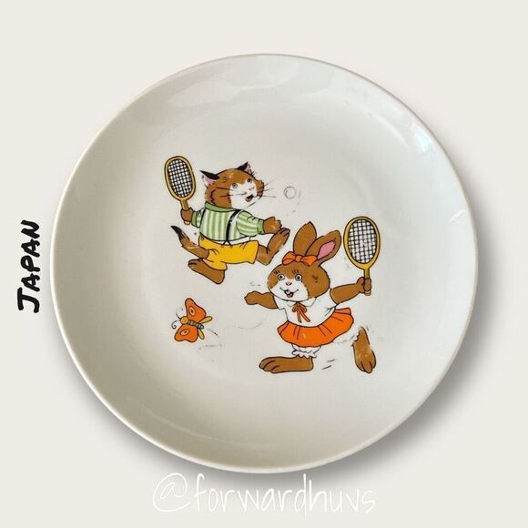 Vintage Cat & Rabbit Playing Tennis Decorative Plate - Picture 1 of 9